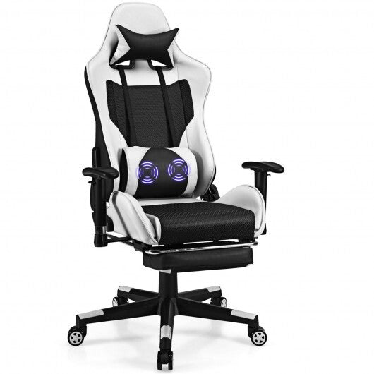 PU Leather Gaming Chair with USB Massage Lumbar Pillow and Footrest -Pink
