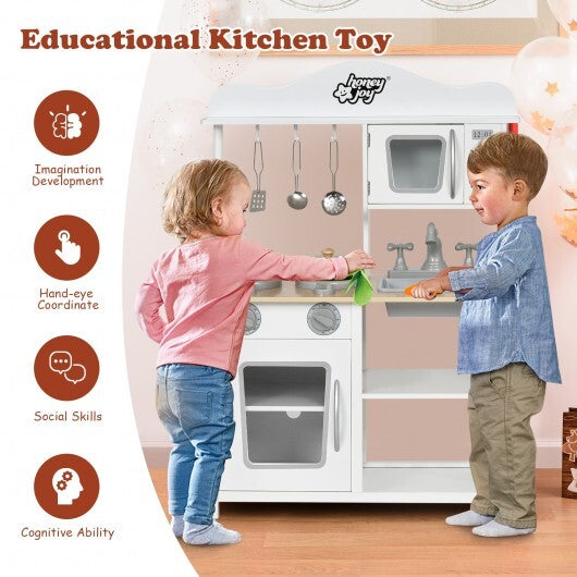 Wooden Pretend Play Kitchen Set for Kids with Accessories and Sink - Color: White