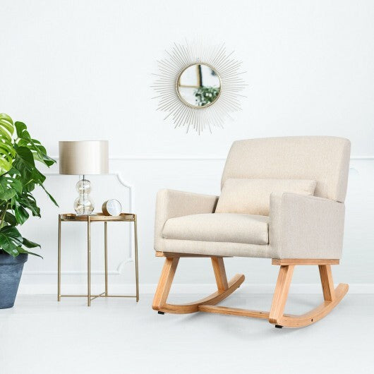 Upholstered Rocking Chair with and Solid Wood Base-Beige