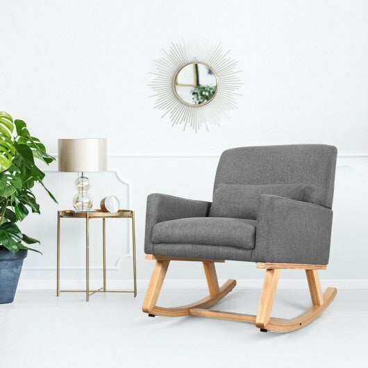 Upholstered Rocking Chair with and Solid Wood Base-Beige