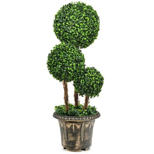 30 Inch Artificial Topiary Triple Ball Tree Indoor and Outdoor UV Protection - Color: Green