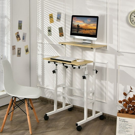 Height-adjustable Mobile Standing Desk with Split Top and Adjustable Angle-Natural