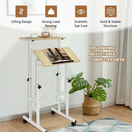 Height-adjustable Mobile Standing Desk with Split Top and Adjustable Angle-Natural