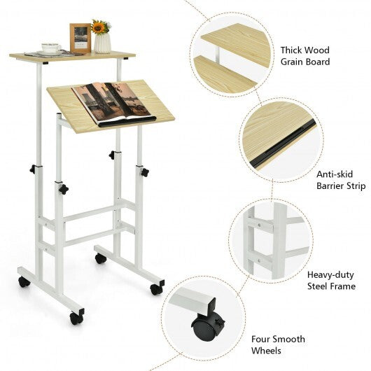 Height-adjustable Mobile Standing Desk with Split Top and Adjustable Angle-Natural