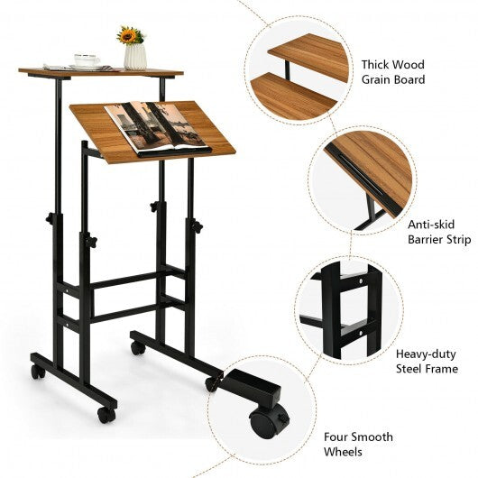 Height-adjustable Mobile Standing Desk with Split Top and Adjustable Angle-Natural