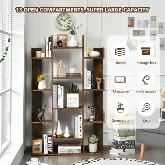 Tree-Shaped Bookshelf with 13 Compartments for Home Office-Rustic Brown