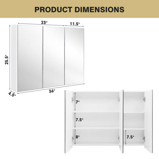 Frameless Bathroom Wall Mounted Mirror Cabinet with 3 Doors