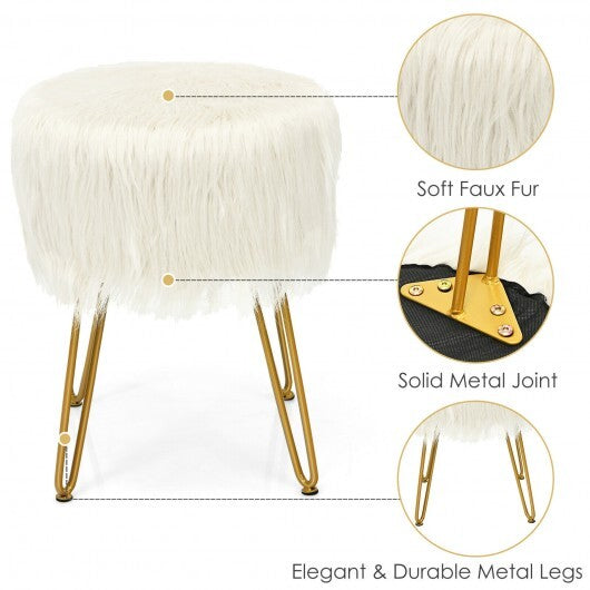 Faux Fur Vanity Stool Chair with Metal Legs for Bedroom and Living Room-White - Color: White