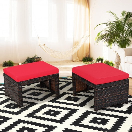 2 Pieces Patio Rattan Ottomans with Soft Cushion for Patio and Garden-Red