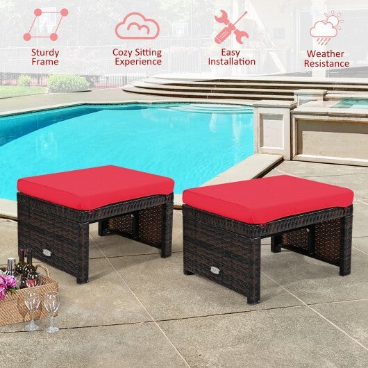 2 Pieces Patio Rattan Ottomans with Soft Cushion for Patio and Garden-Red