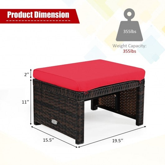 2 Pieces Patio Rattan Ottomans with Soft Cushion for Patio and Garden-Red