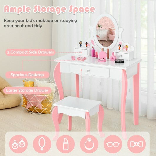 Kids Vanity Princess Makeup Dressing Table Stool Set with Mirror and Drawer-White - Color: White