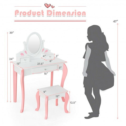 Kids Vanity Princess Makeup Dressing Table Stool Set with Mirror and Drawer-White - Color: White