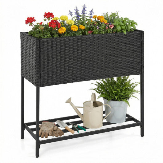 Wicker Raised Garden Bed with Storage Shelf and Removable Liner for Flowers