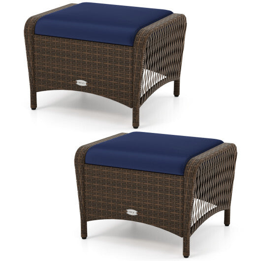 Set of 2 Outdoor Patio PE Wicker Ottomans with Removable Cushions-Beige