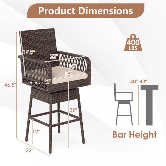 29" Bar Height Patio 360? Swivel Bar Stool with Cross-Woven Armrests Footrest and Seat Cushion-Brown