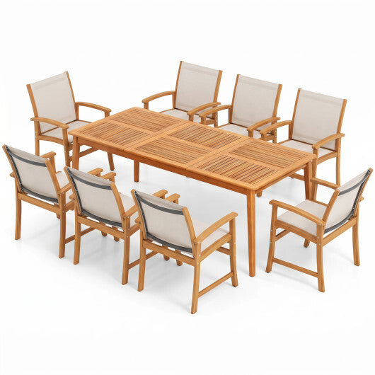 9-Piece Acacia Wood Outdoor Patio Dining Set with 80" Rectangular Table and Breathable Fabric Armchairs-Yellow