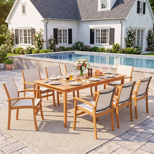 9-Piece Acacia Wood Outdoor Patio Dining Set with 80" Rectangular Table and Breathable Fabric Armchairs-Yellow