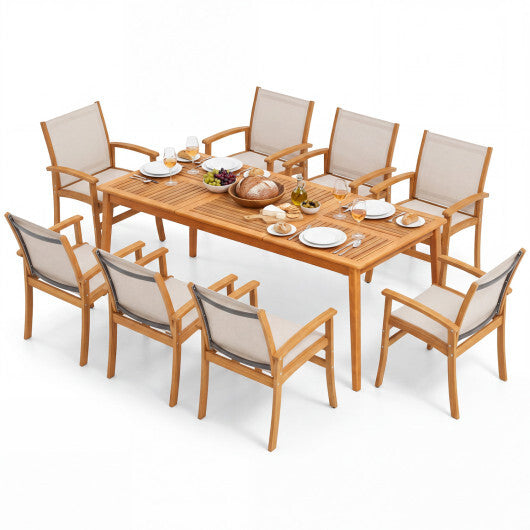 9-Piece Acacia Wood Outdoor Patio Dining Set with 80" Rectangular Table and Breathable Fabric Armchairs-Yellow