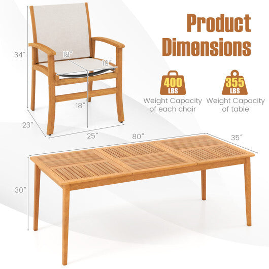 9-Piece Acacia Wood Outdoor Patio Dining Set with 80" Rectangular Table and Breathable Fabric Armchairs-Yellow
