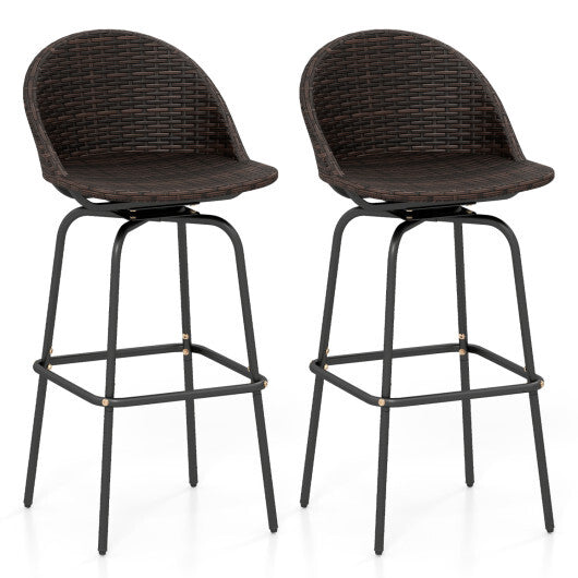 Set of 2 Patio Swivel Bar Stools with Rattan Seat 400 LBS for Garden-Brown