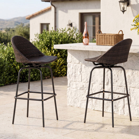 Set of 2 Patio Swivel Bar Stools with Rattan Seat 400 LBS for Garden-Brown