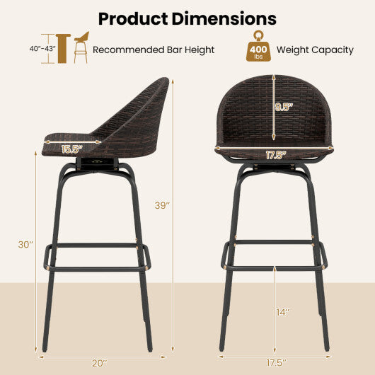 Set of 2 Patio Swivel Bar Stools with Rattan Seat 400 LBS for Garden-Brown