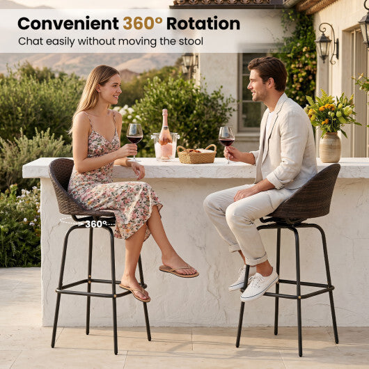 Set of 2 Patio Swivel Bar Stools with Rattan Seat 400 LBS for Garden-Brown