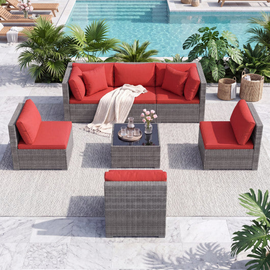 7-Piece PE Rattan Patio Set with Glass Table & Soft Cushions for Outdoor-Red