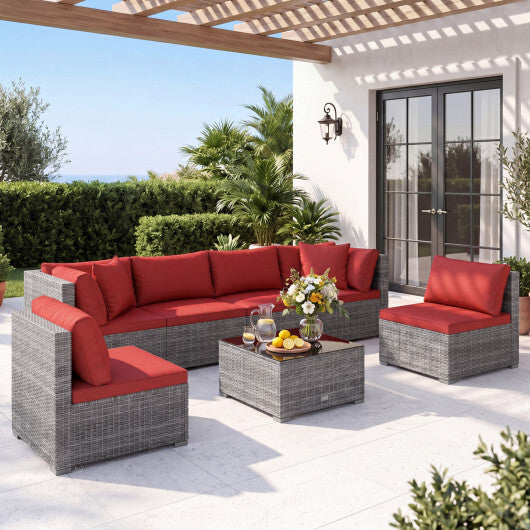 7-Piece PE Rattan Patio Set with Glass Table & Soft Cushions for Outdoor-Red
