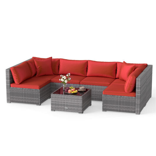 7-Piece PE Rattan Patio Set with Glass Table & Soft Cushions for Outdoor-Red