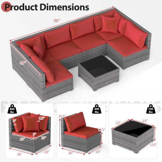 7-Piece PE Rattan Patio Set with Glass Table & Soft Cushions for Outdoor-Red