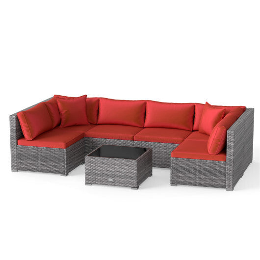 7-Piece PE Rattan Patio Set with Glass Table & Soft Cushions for Outdoor-Red