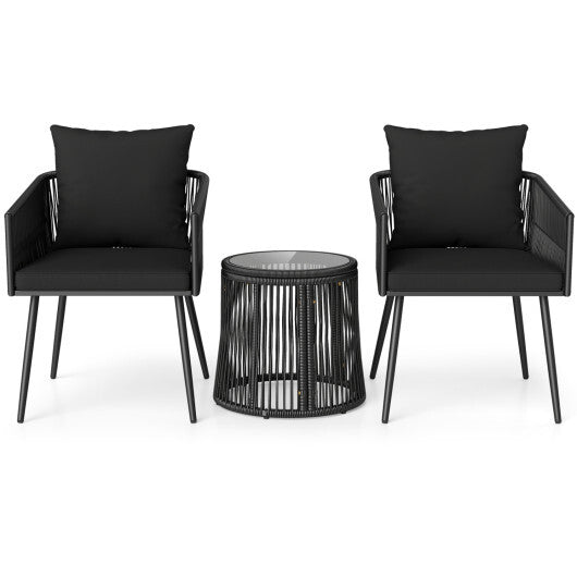 3-Piece Outdoor Furniture Set with Cushions for Porch Garden-Black