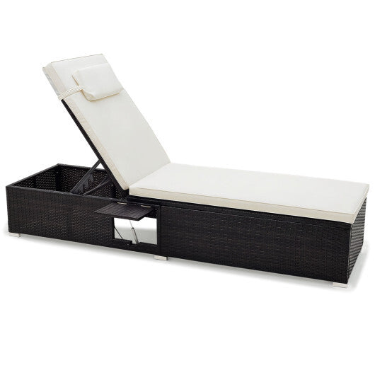 PE Rattan Chaise Lounge with Adjustable Backrest and Foldable Side Table Outdoor-White