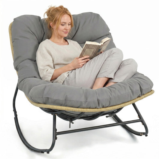 Outdoor Papasan Rocking Chair with Thick Cushioned Seat for Patio-Gray
