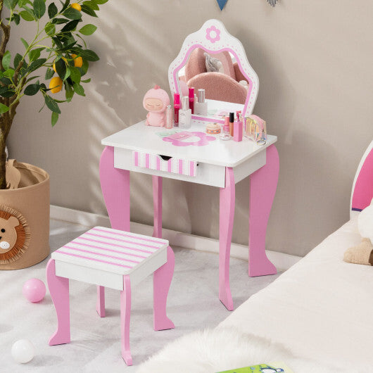 2-in-1 Toddler Vanity Set with Detachable Top & Cute Flower Patterns-White - Color: White
