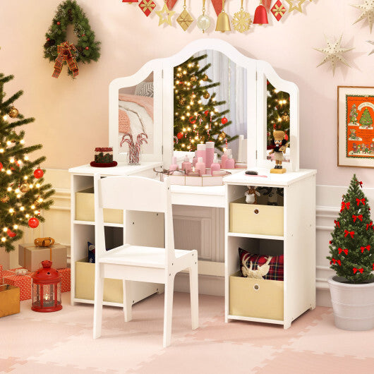 Kids Vanity Table and Chair Set with Removable Mirrors and 4 Storage Bins-Pink