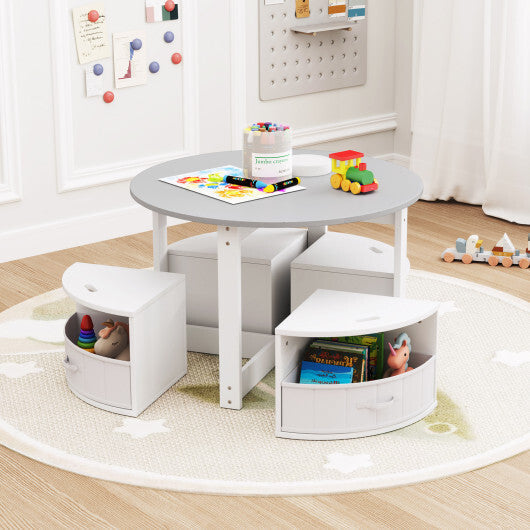 5 Piece Toddler Round Nesting Table with 4 Storage Stools for Activity-Natural