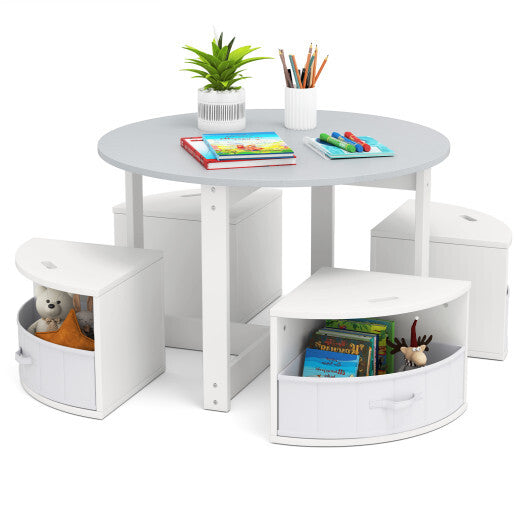 5 Piece Toddler Round Nesting Table with 4 Storage Stools for Activity-Natural
