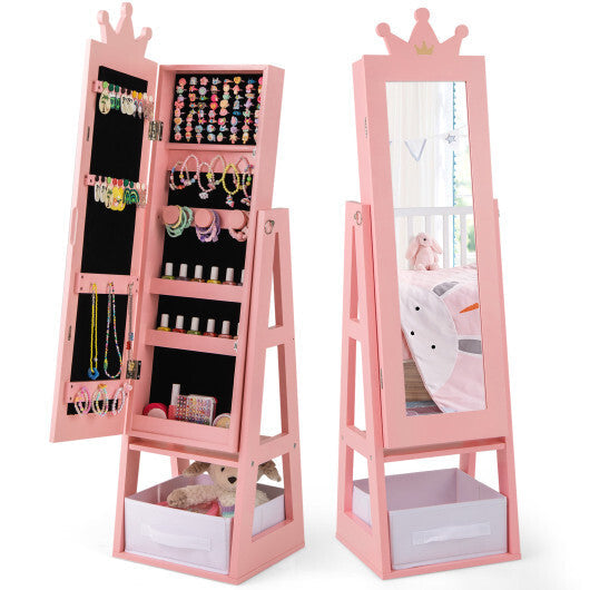 Free-Standing Full Length Kids Jewelry Armoire Cabinet with Storage Capacity-White