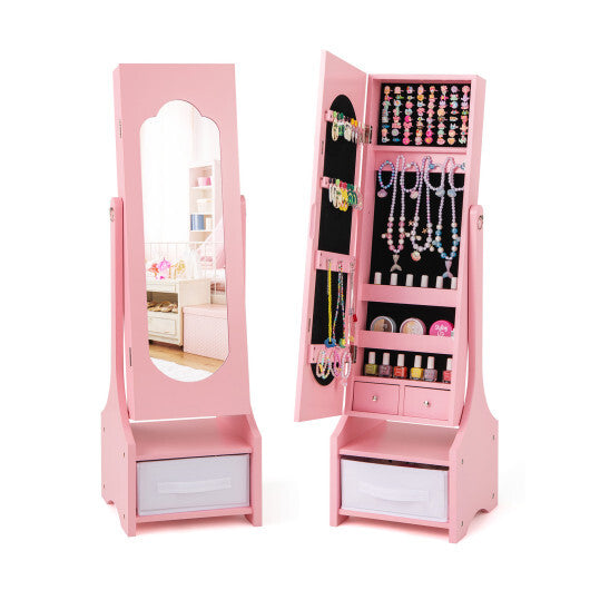 Freestanding Kids Jewelry Armoire Cabinet with Storage and 2 Tilt Angles-White