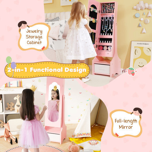 Freestanding Kids Jewelry Armoire Cabinet with Storage and 2 Tilt Angles-White