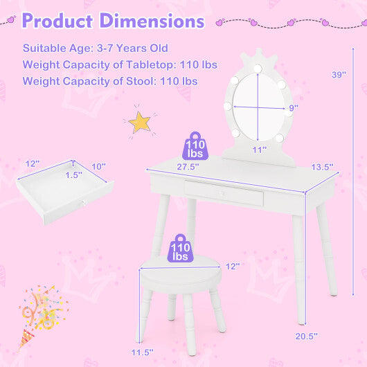 Kids Vanity Set with Lighted Mirror with Adjustable Brightness and Large Drawer-Pink
