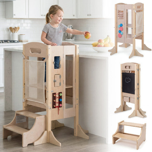 Foldable Toddler Step Stool Wooden Kitchen Standing Tower with 2-Step Stool