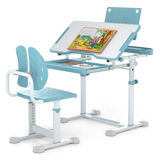Kid's Study Desk and Chair Set with Tilt Desktop and Book Stand-Blue