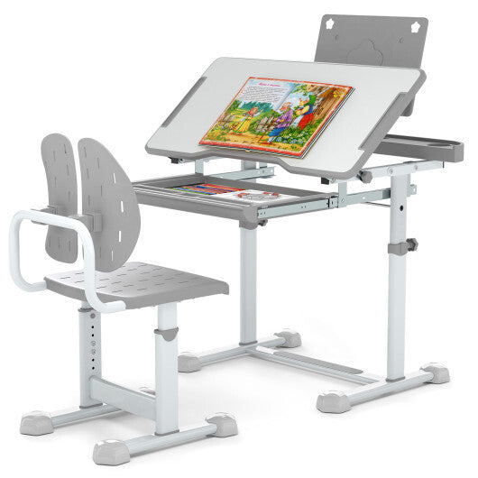 Kid's Study Desk and Chair Set with Tilt Desktop and Book Stand-Blue