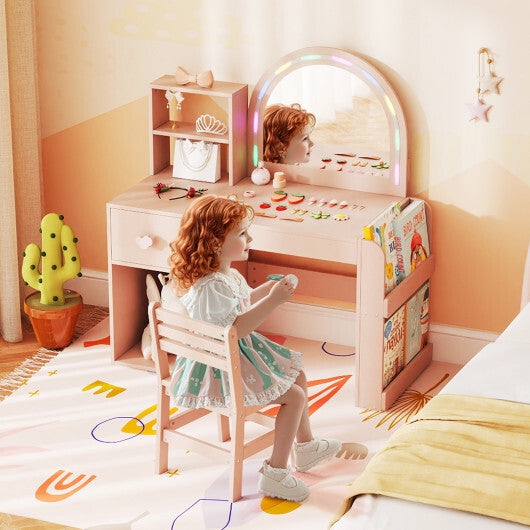 Kids Vanity Table and Chair Set with Lighted Mirror for Kids Aged 3+ Years Old-White
