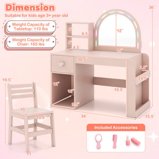 Kids Vanity Table and Chair Set with Lighted Mirror for Kids Aged 3+ Years Old-White