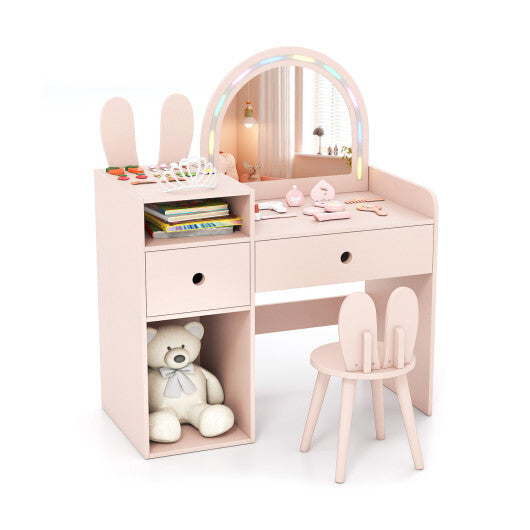 Kids Vanity Desk and Chair Set with Lights  Open Shelves-White